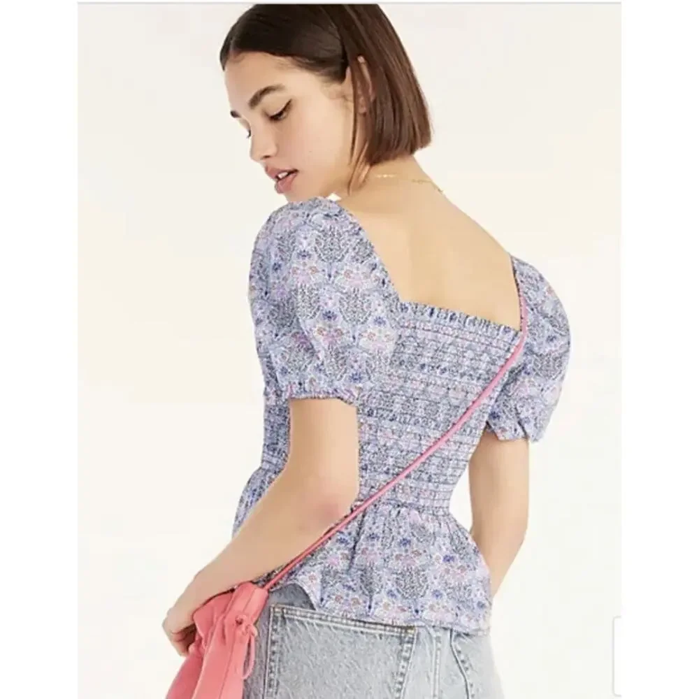 J. Crew Liberty Club Nouveau Fabric Smocked Square Neck Blouse Top Purple Blue M - Picture 2 of 8